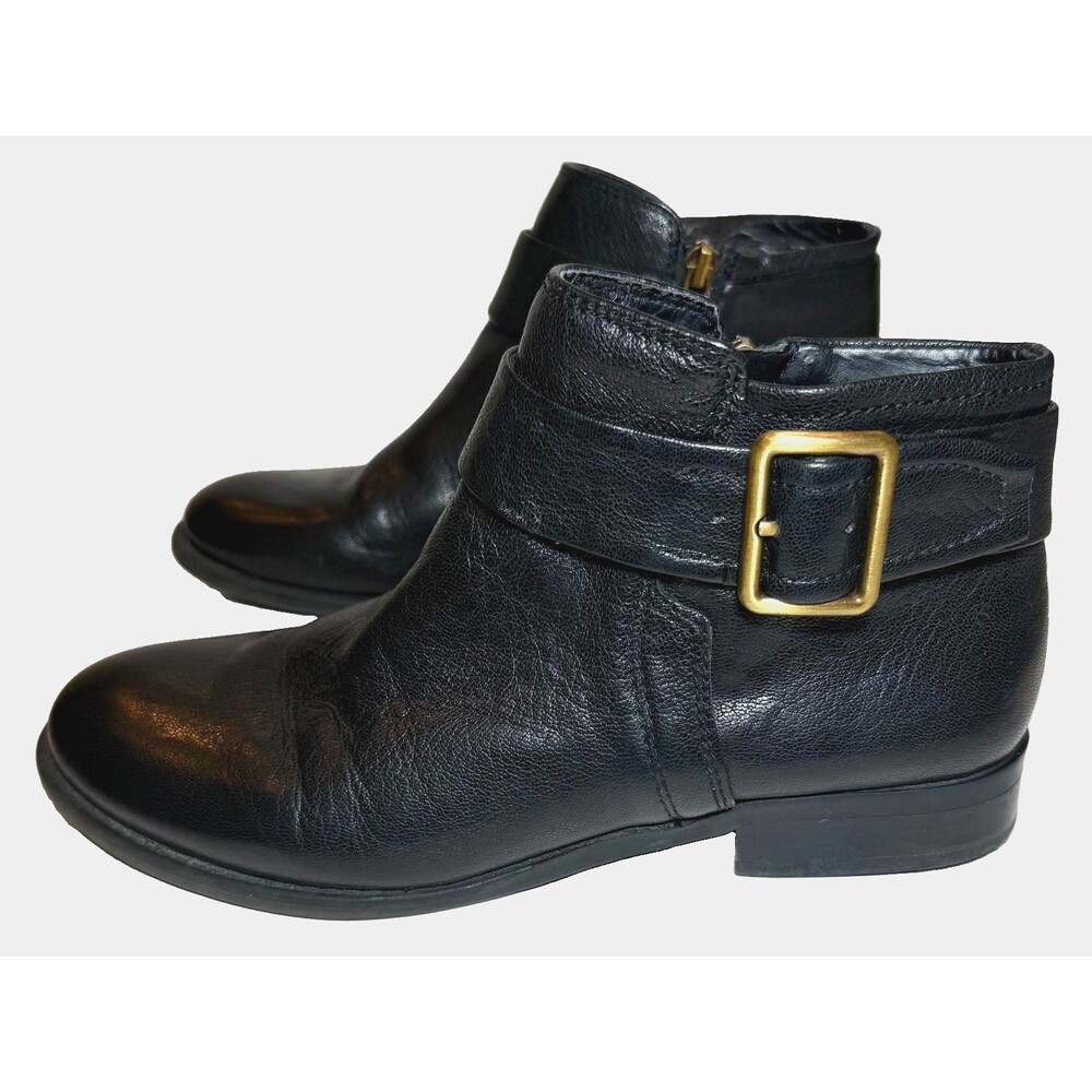 Franco Sarto Holmes Black Leather Ankle Boots Buckle Zip Moto Women’s 7.5M